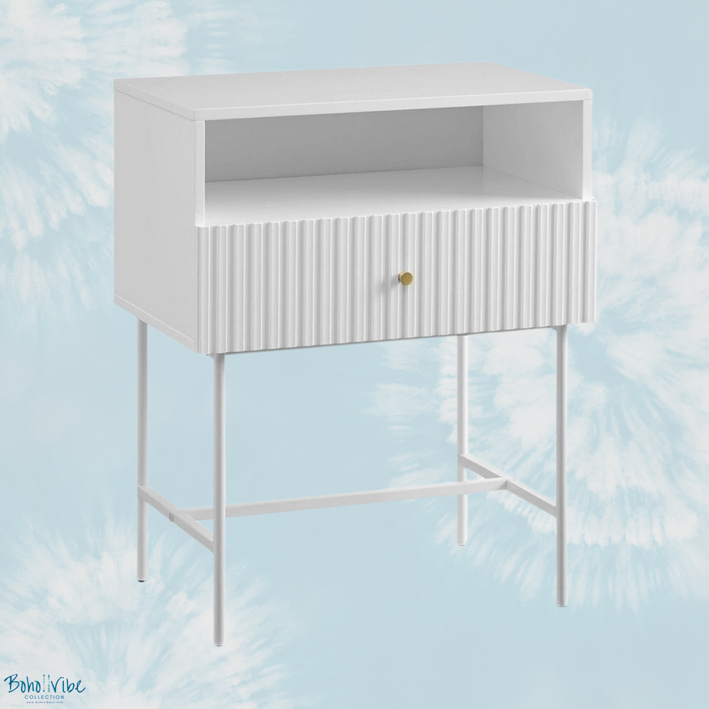   Boho ↡↟ Vibe Collection ↠ Chic Coastal Fluted Nightstand, White Finish, Gold Touches 1 Drawer ↡