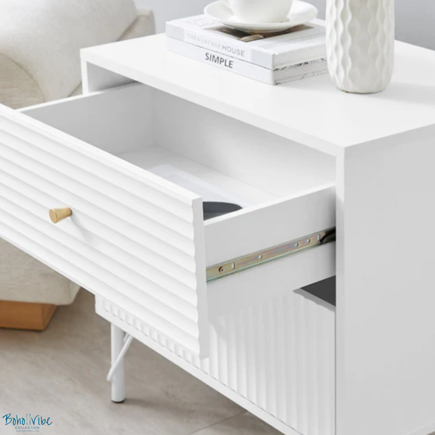 Boho ↡↟ Vibe Collection ↠ Chic Coastal Fluted Nightstand, White Finish, Gold Touches 2 Drawers ↡