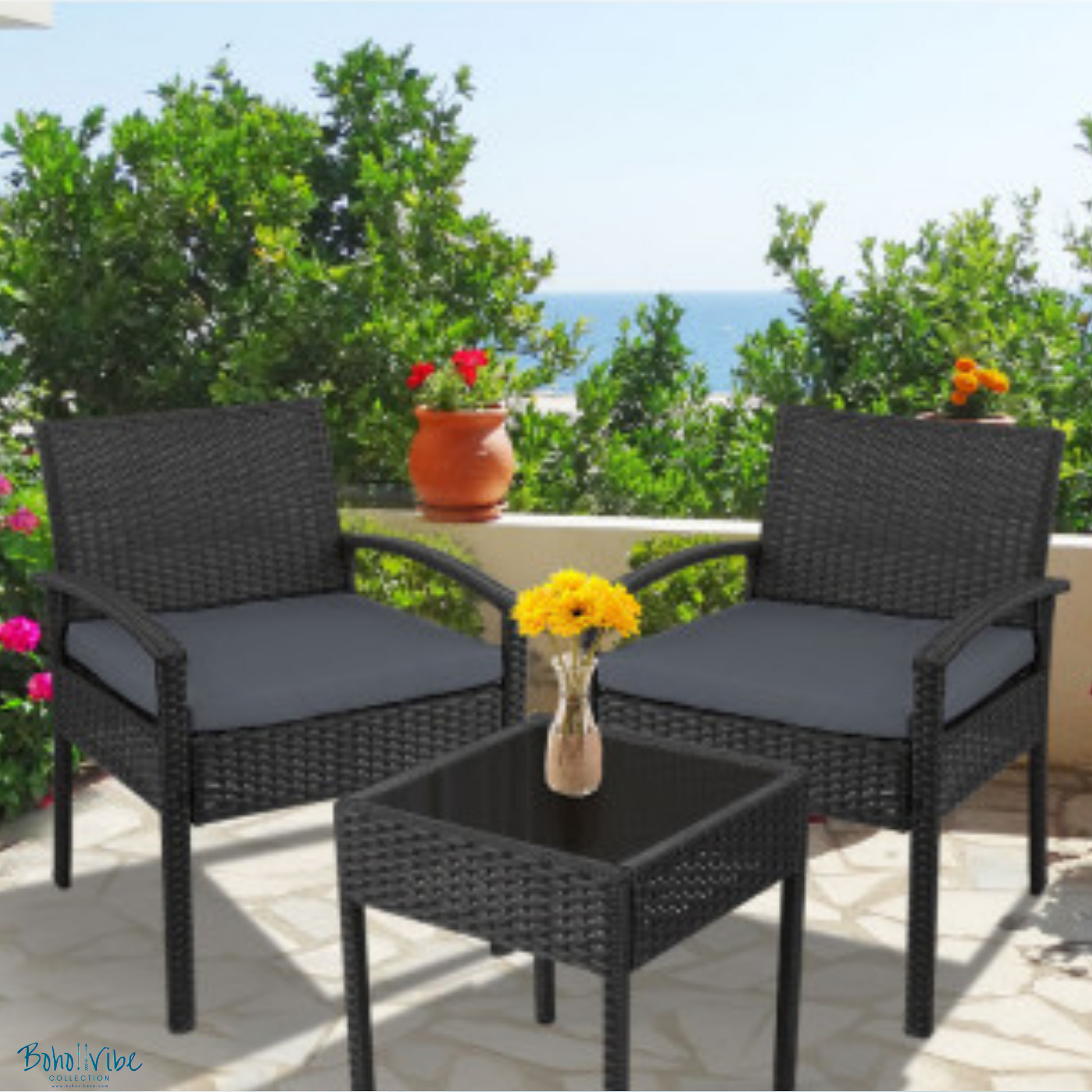 Boho ↡↟ Vibe Collection ↠ Black Wicker Coastal 3 Piece Outdoor Setting Boho Chairs & Table Furniture Set 