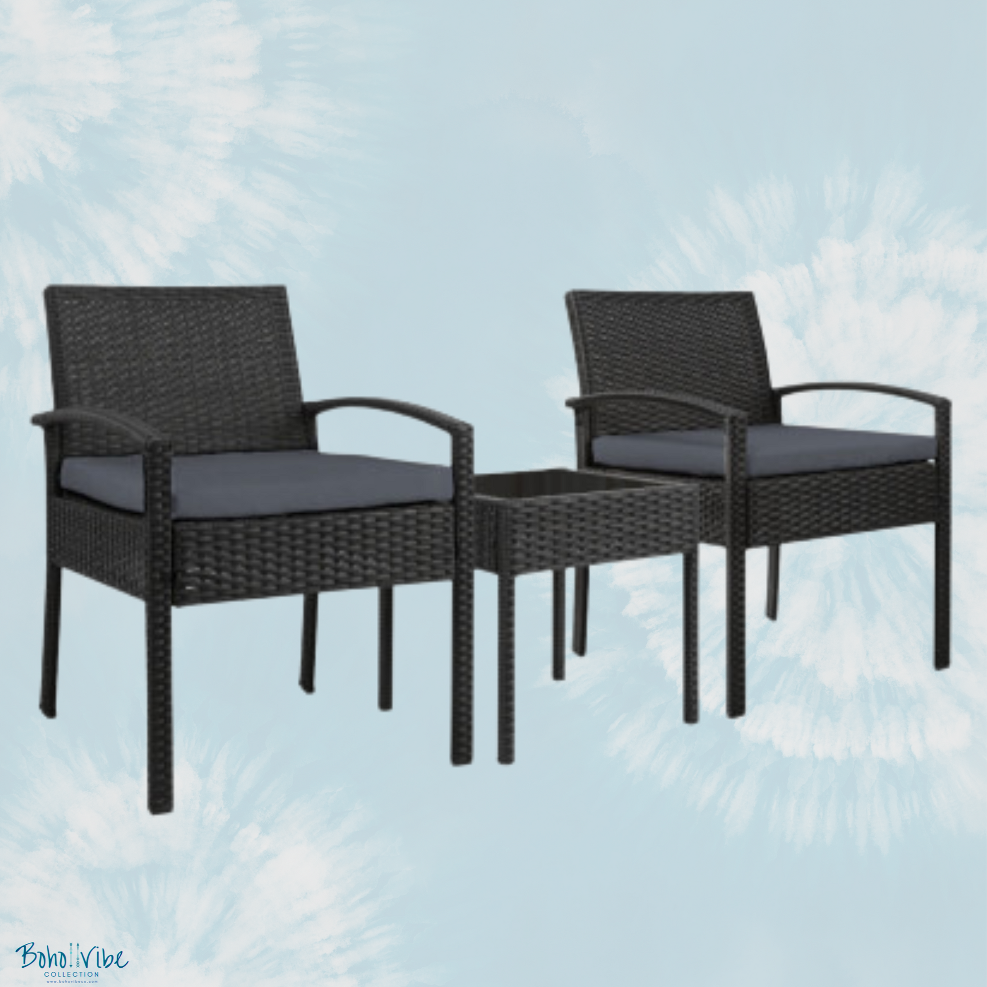 Boho ↡↟ Vibe Collection ↠ Black Wicker Coastal 3 Piece Outdoor Setting Boho Chairs & Table Furniture Set 