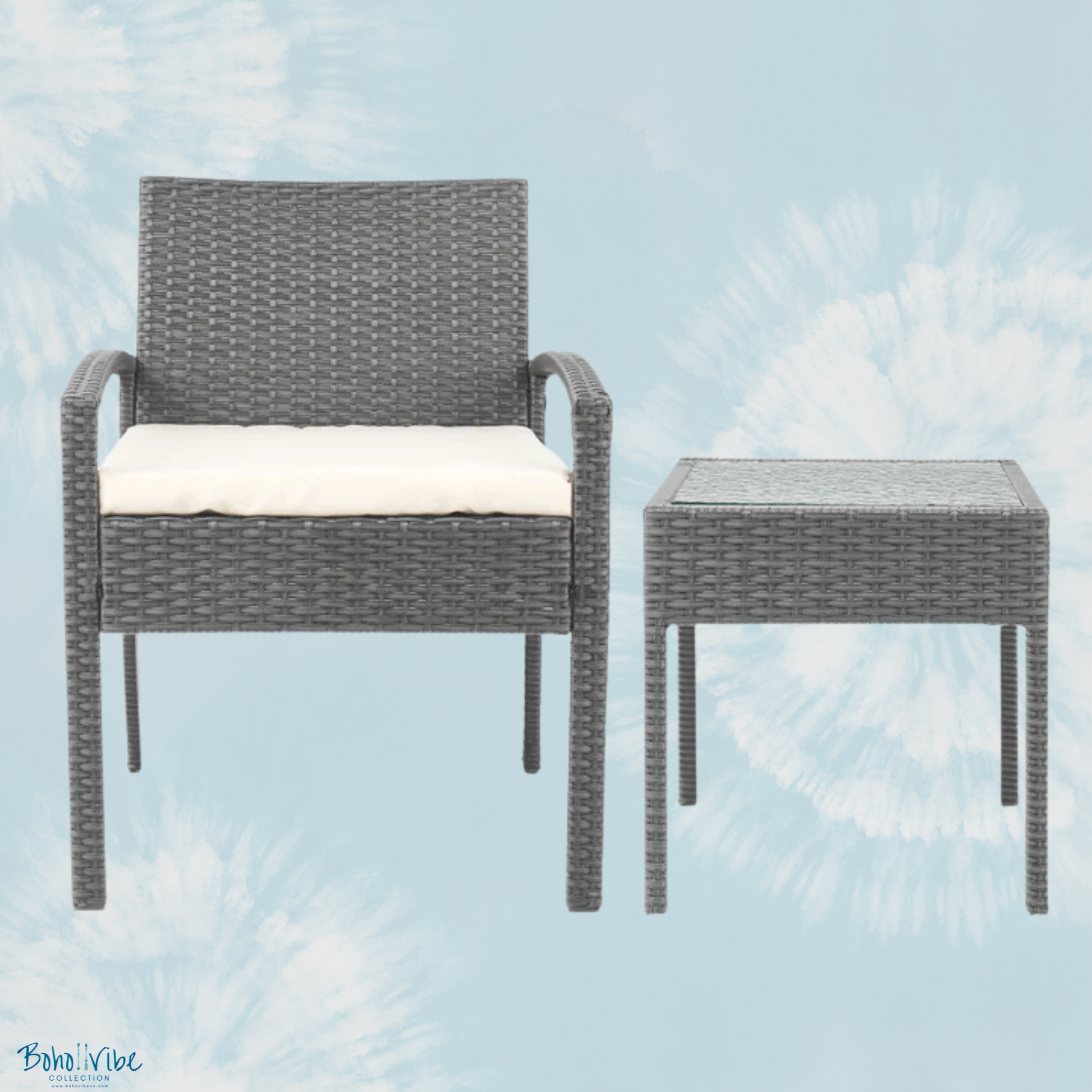 Boho ↡↟ Vibe Collection ↠ Grey Wicker Coastal 3 Piece Outdoor Setting Boho Chairs & Table Furniture Set