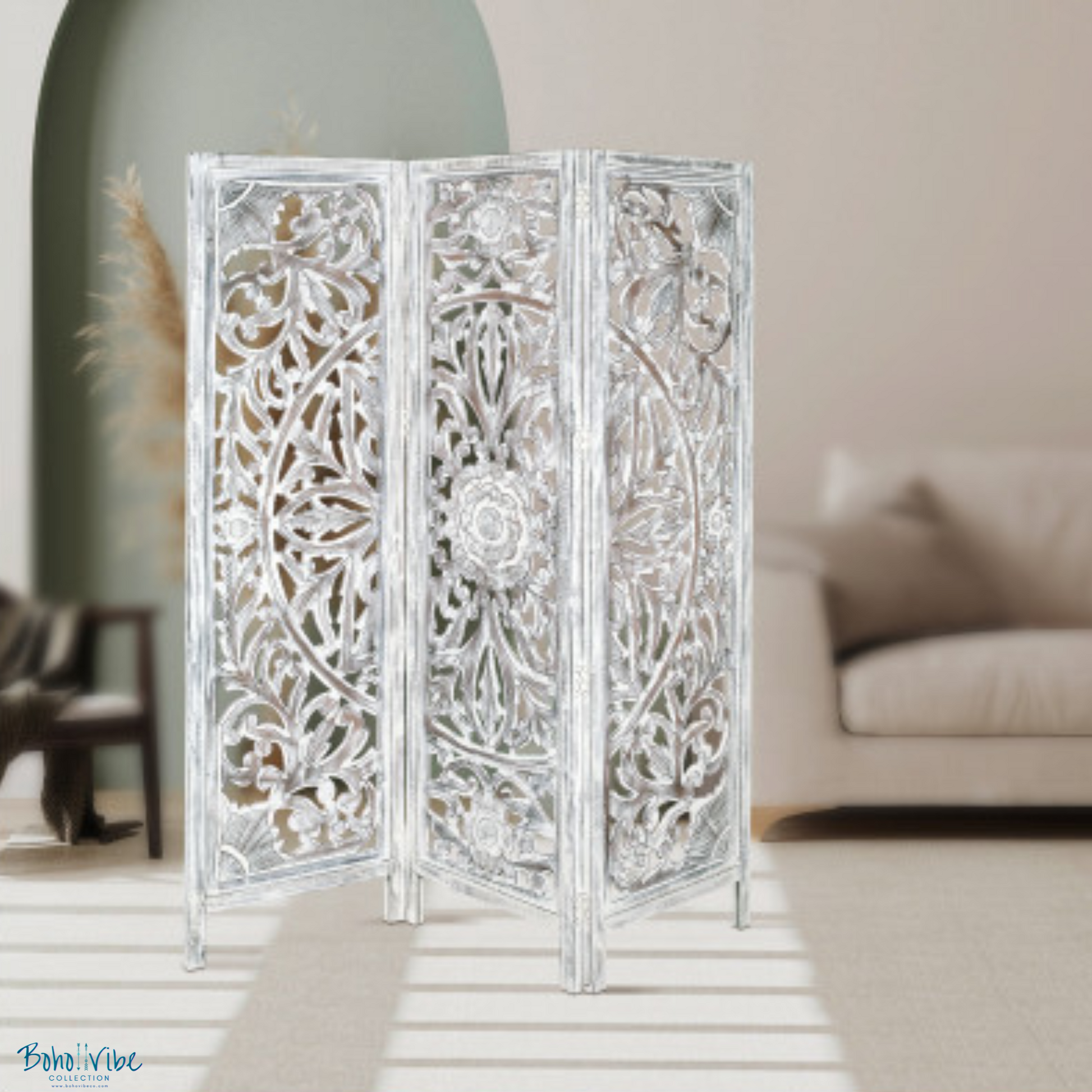 Boho ↡↟ Vibe Collection ↠ Balinese Style Room Divider Bohemian Privacy Screen Whitewashed Solid Wood