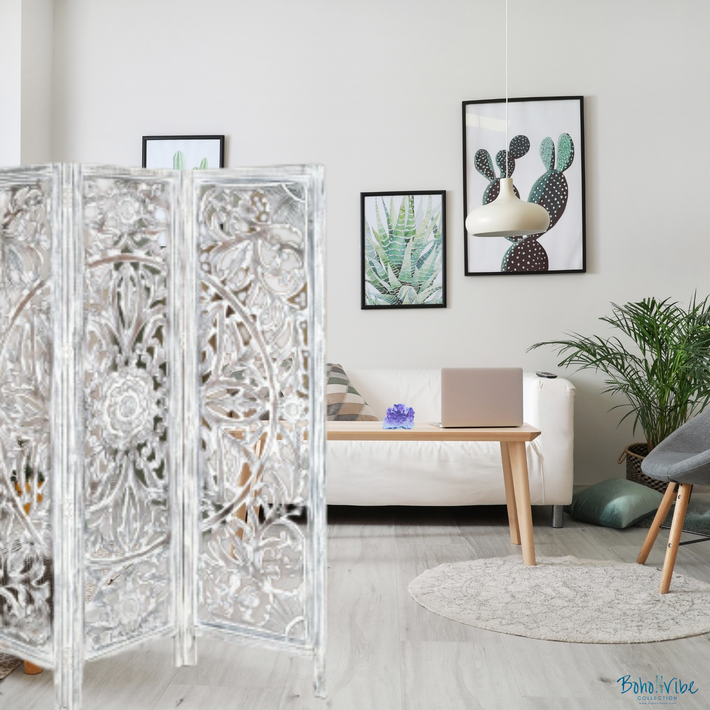 Boho ↡↟ Vibe Collection ↠ Balinese Style Room Divider Bohemian Privacy Screen Whitewashed Solid Wood