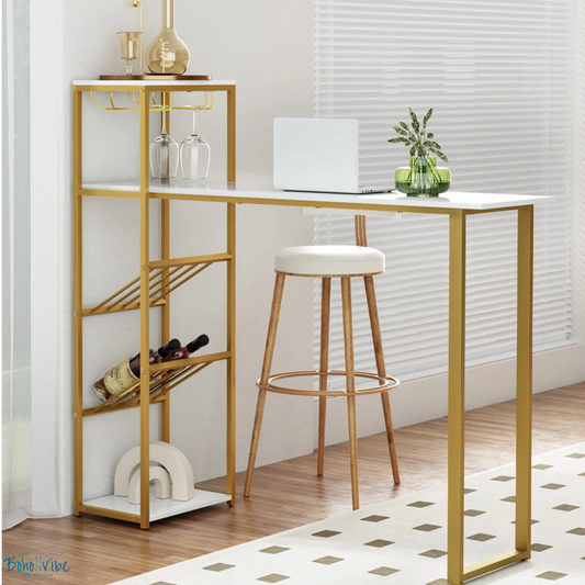 Boho ↡↟ Vibe Collection ↠ Gold Bar Wine Rack Table - Entertainment and Office Desk Storage Solution ↡
