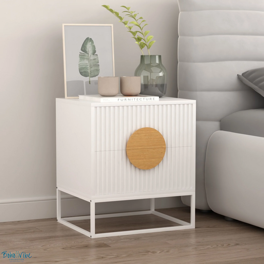 Boho ↡↟ Vibe Collection ↠ White Fluted Bedside Table 2 Drawers with Half Moon Solid Wooden Handles 🌙