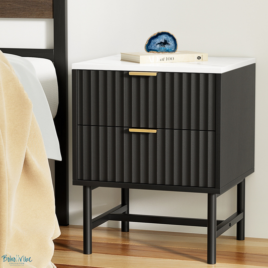 Boho ↡↟ Vibe Collection ↠ Black Fluted Bedside Table 2 Drawers with Marble Look Table Top ↡