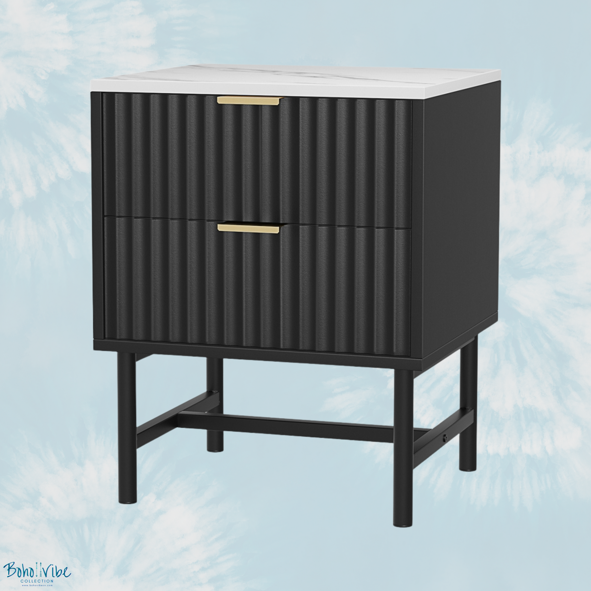 Boho ↡↟ Vibe Collection ↠ Black Fluted Bedside Table 2 Drawers with Marble Look Table Top ↡