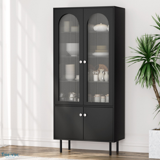 Boho ↡↟ Vibe Collection ↠ Black Tall Buffet Sideboard with Fluted Panel Doors ↡