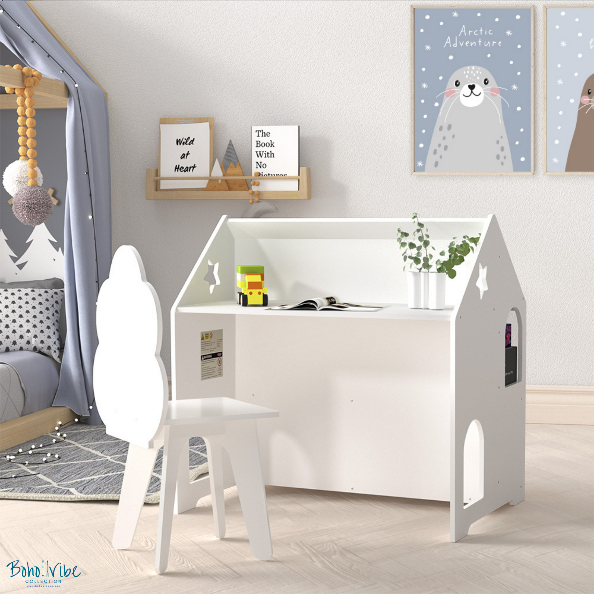 Boho ↡↟ Vibe Collection ↠ Kids Chalkboard Table Chair Children Play Desk and Chair White 