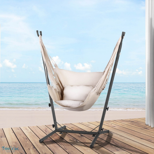 Boho ↡↟ Vibe Collection ↠ Cream Swing Hammock Chair with Padded Seat and Stand ↡