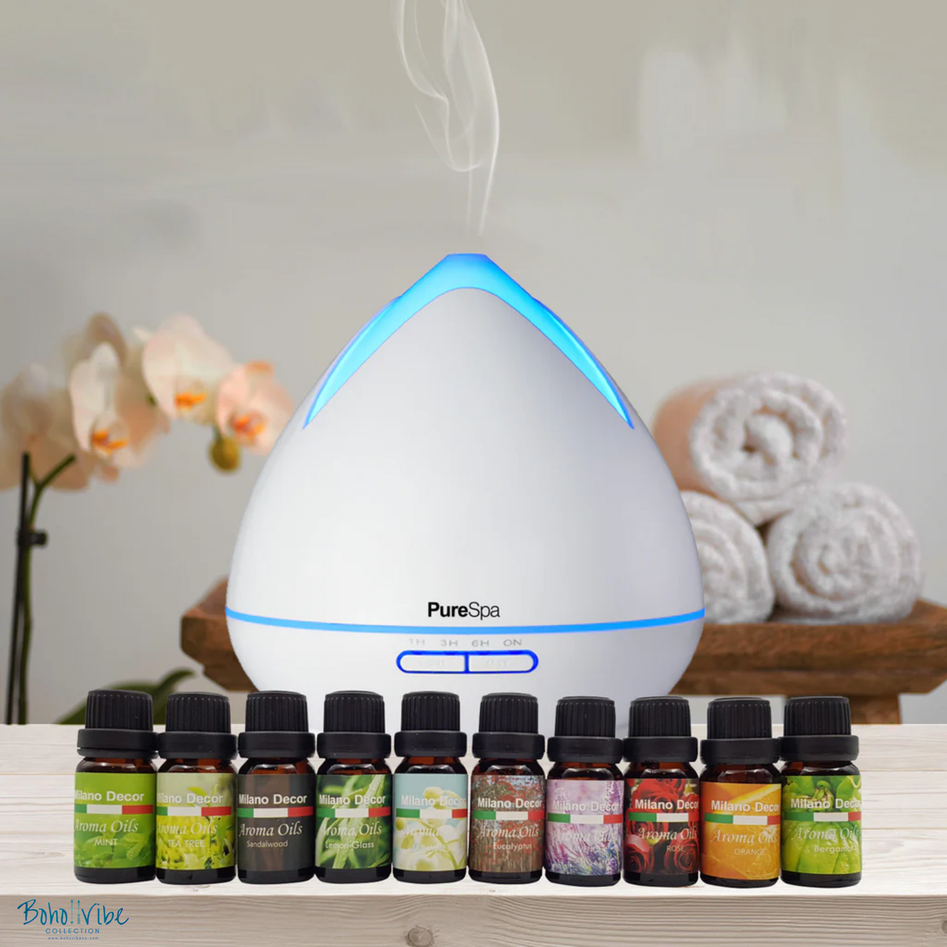 Boho ↡↟ Vibe Collection ↠Purespa White Diffuser Set Essential Oil Burner Humidifier 13 Pack Oils with LED Night Light 