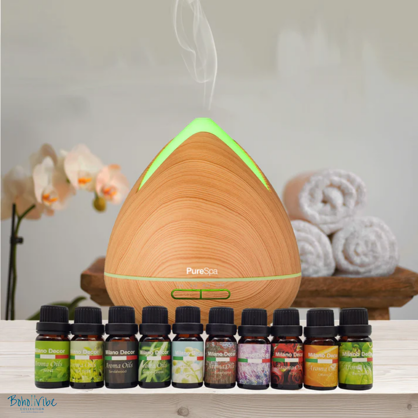 Boho ↡↟ Vibe Collection ↠ Purespa Light Brown Diffuser Set Essential Oil Burner Humidifier 13 Pack Oils with LED Night Light ↡