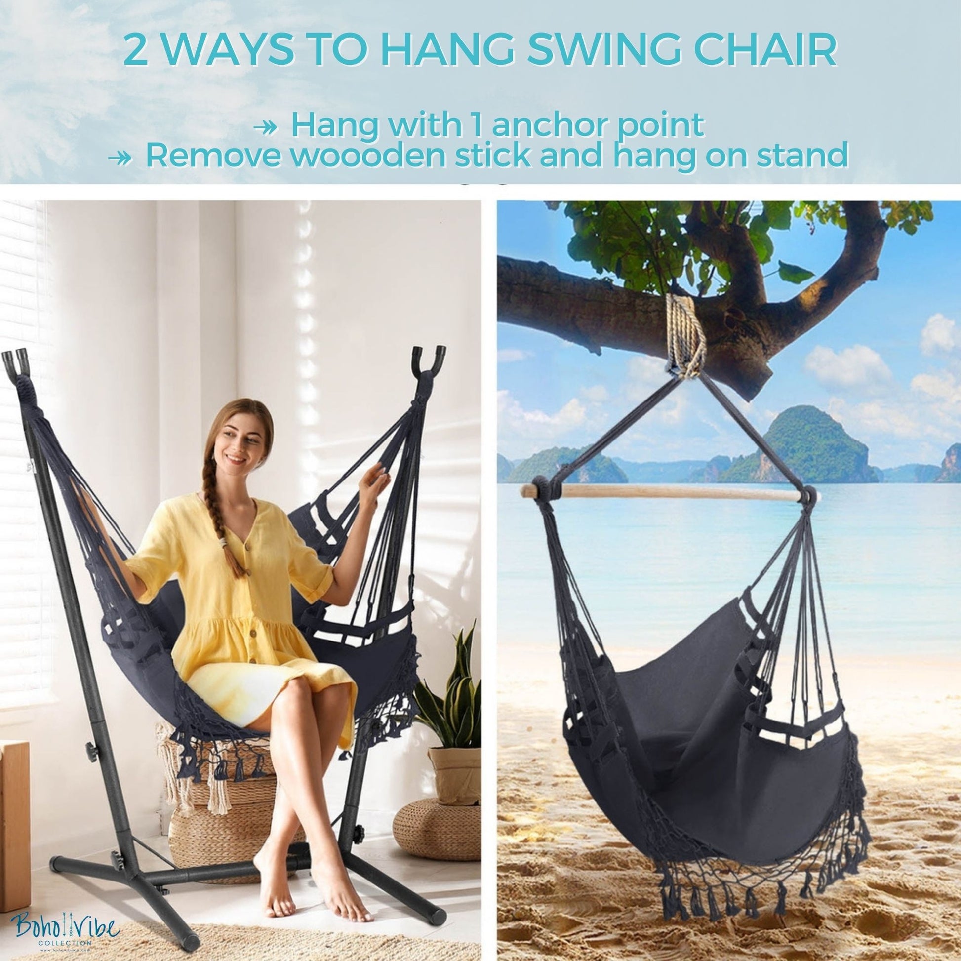 Boho ↡↟ Vibe Collection ↠  Grey Swing Hammock Chair with Stand ↡