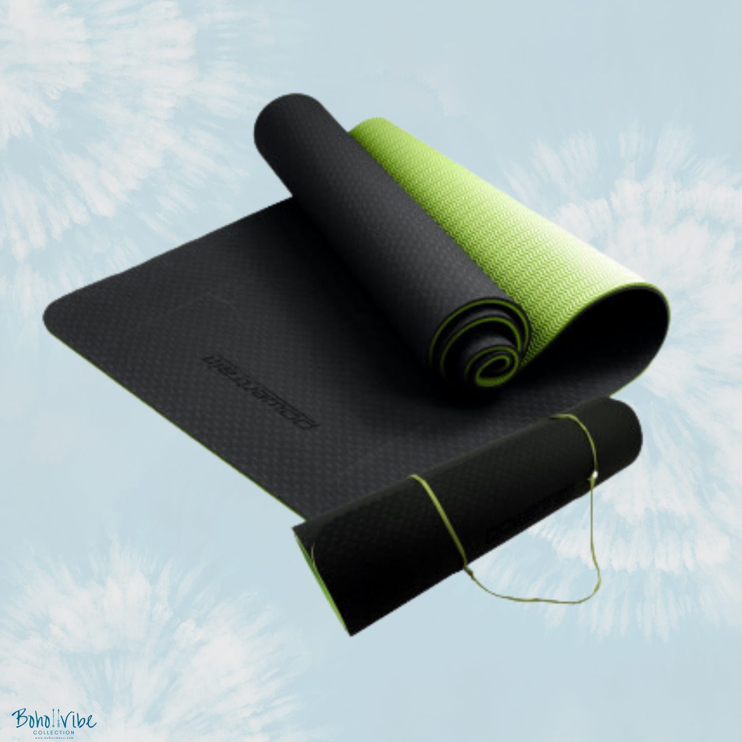 Boho ↡↟ Vibe Collection ↠ Powertrain Yoga Pilates Mat Eco-Friendly Black Green 8mm 