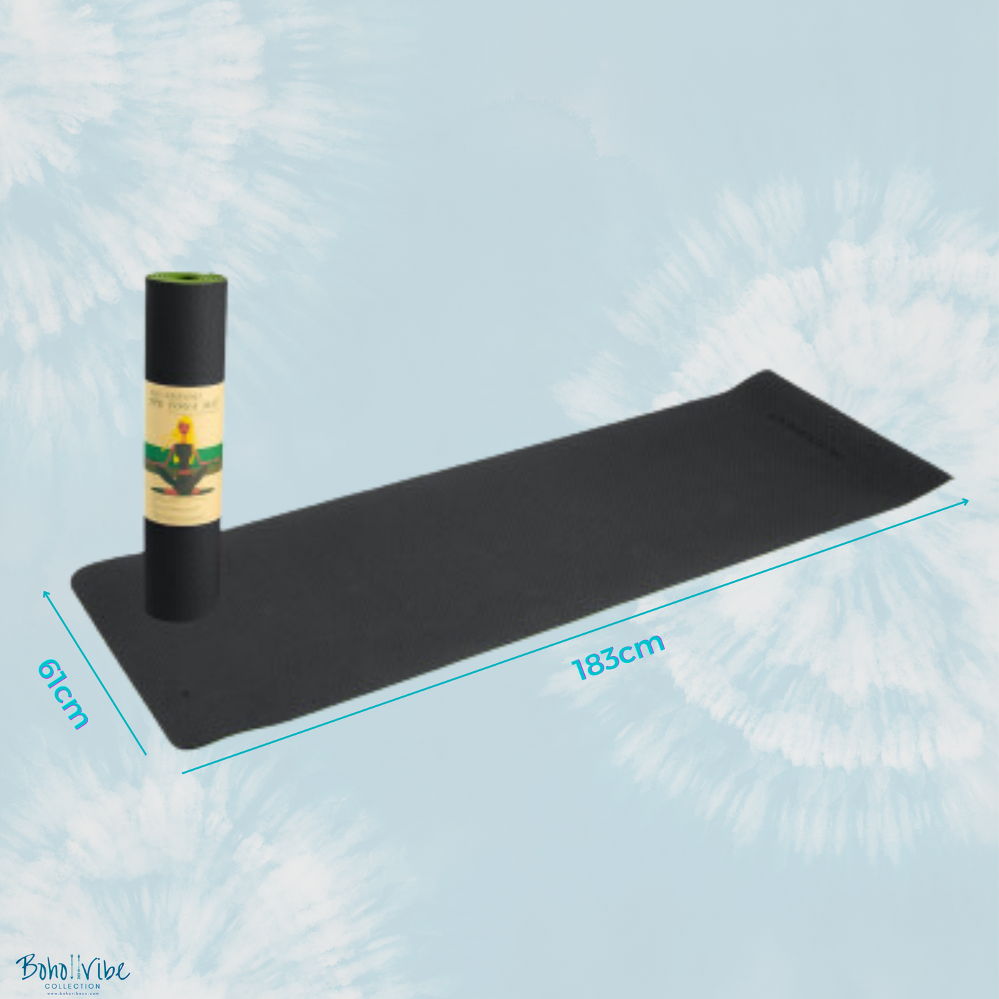 Boho ↡↟ Vibe Collection ↠ Powertrain Yoga Pilates Mat Eco-Friendly Black Green 8mm 