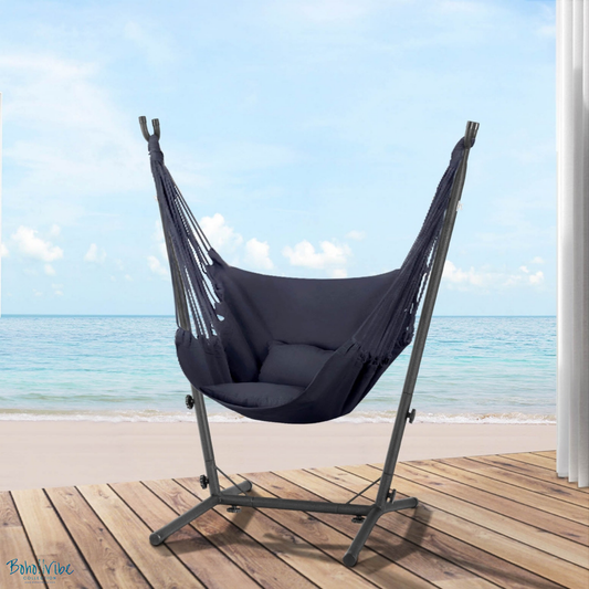 Boho ↡↟ Vibe Collection ↠ Grey Swing Hammock Chair with Padded Seat and Stand ↡