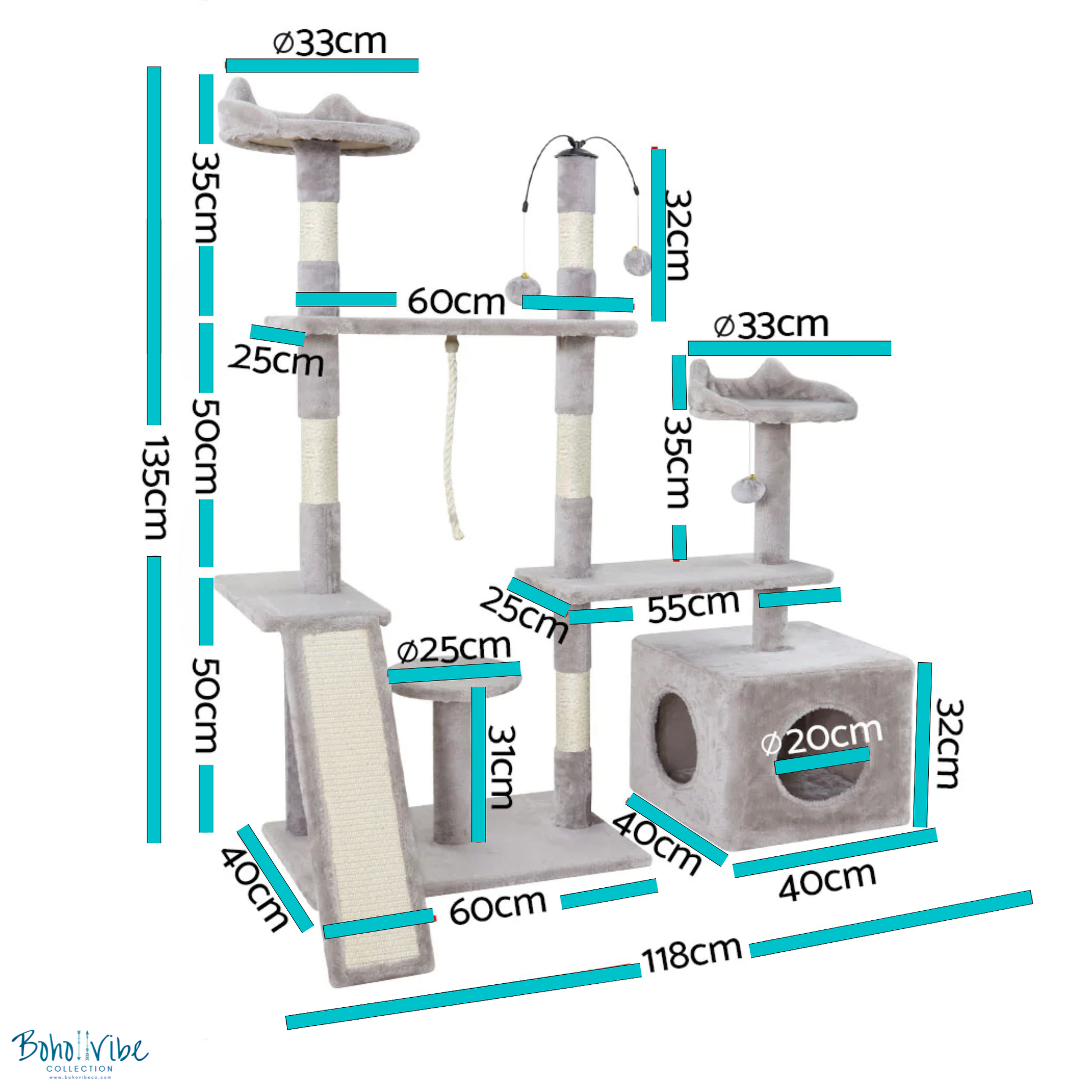 Boho ↡↟ Vibe Collection ↠ Cat Tower Tree House Cat Condo Grey White 135cm iPet Cat Post Scratcher 