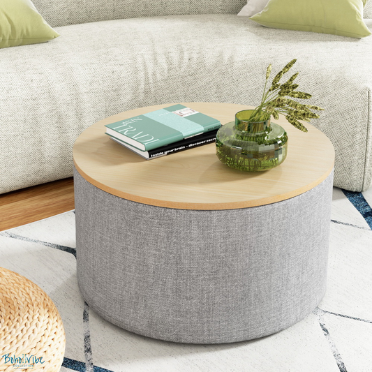 Boho ↡↟ Vibe Collection ↠ Coffee Table Storage Ottoman Faux Grey Linen Wooden Lid ↡