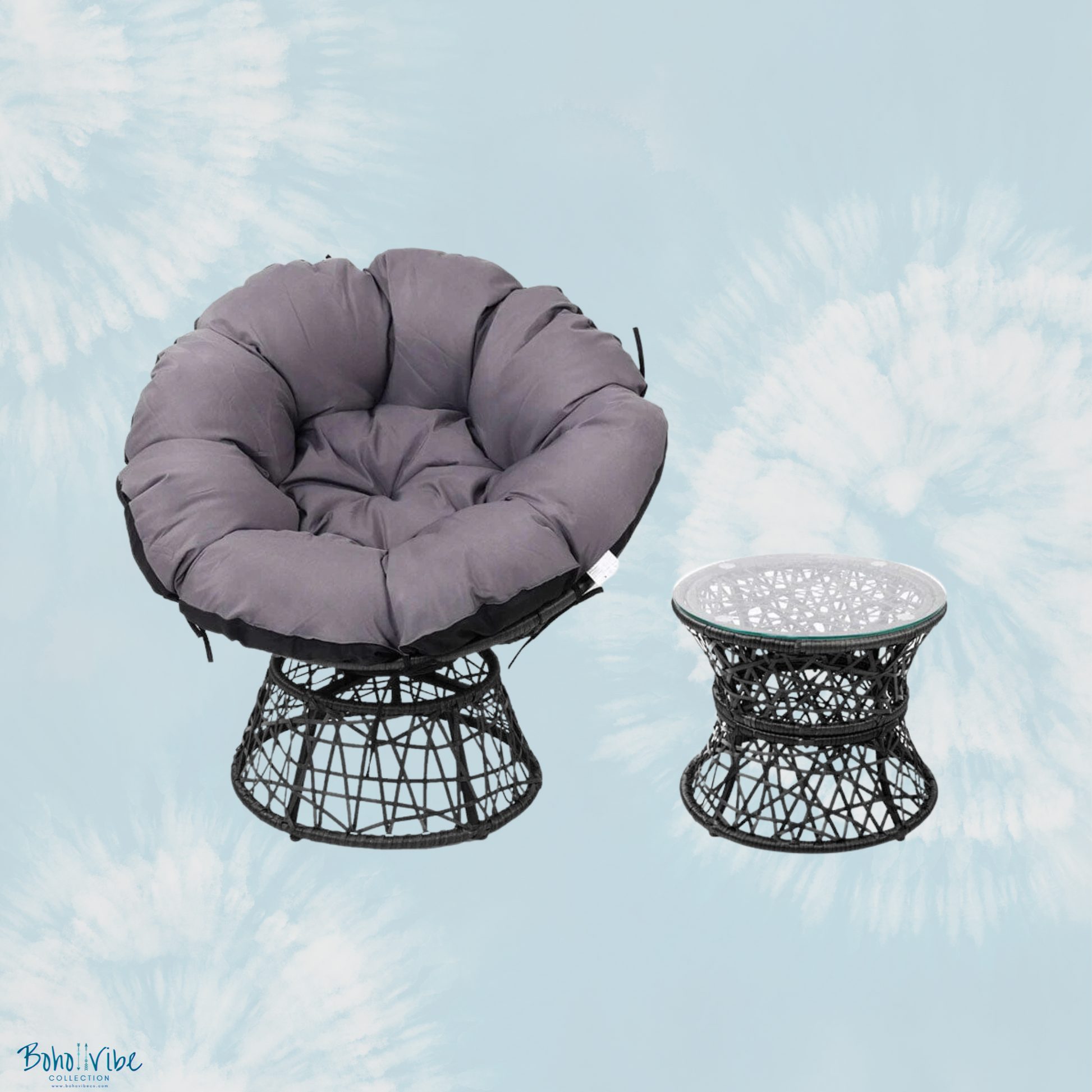 Boho ↡↟ Vibe Collection ↠ Bohemian Papasan Chairs and Black Rattan Furniture Table and Chairs Set