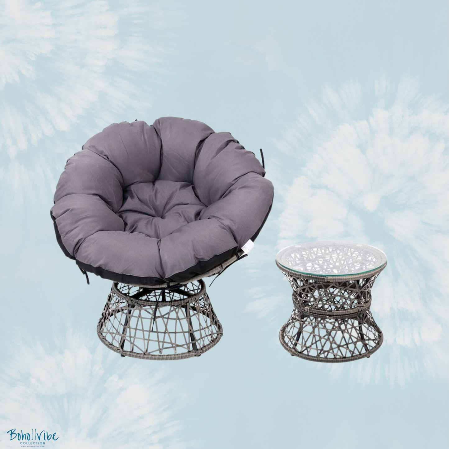 Boho ↡↟ Vibe Collection ↠ Bohemian Papasan Chairs and Grey Rattan Furniture Table and Chairs Set 