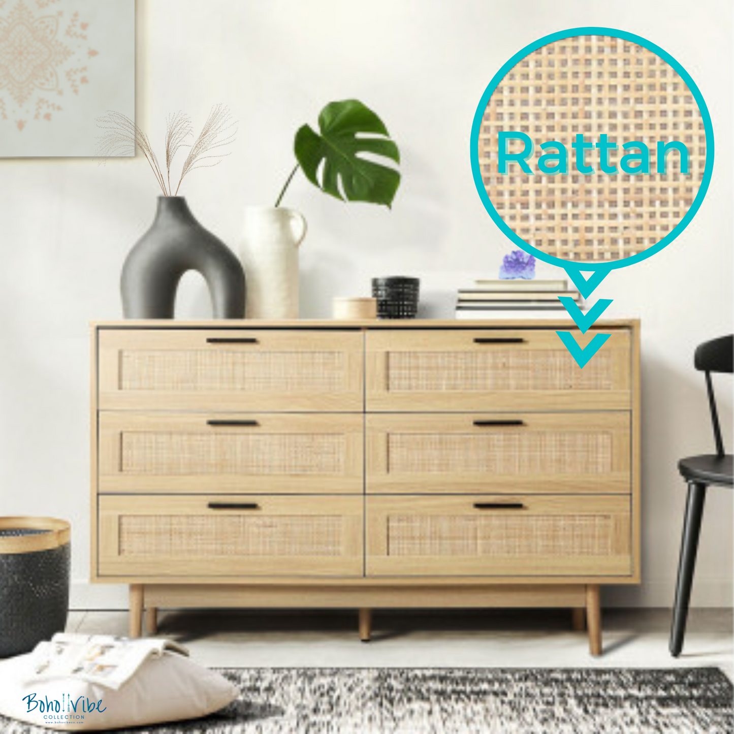 Boho ↡↟ Vibe Collection ↠ Rattan Bohemian Chest of Drawers Coastal Chic Lowboy Buffet Storage Furniture 