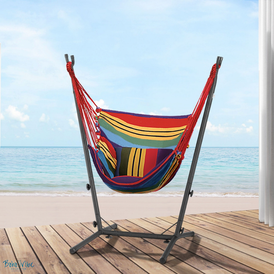 Boho ↡↟ Vibe Collection ↠ Rainbow Swing Hammock Chair with Padded Seat and Stand ↡