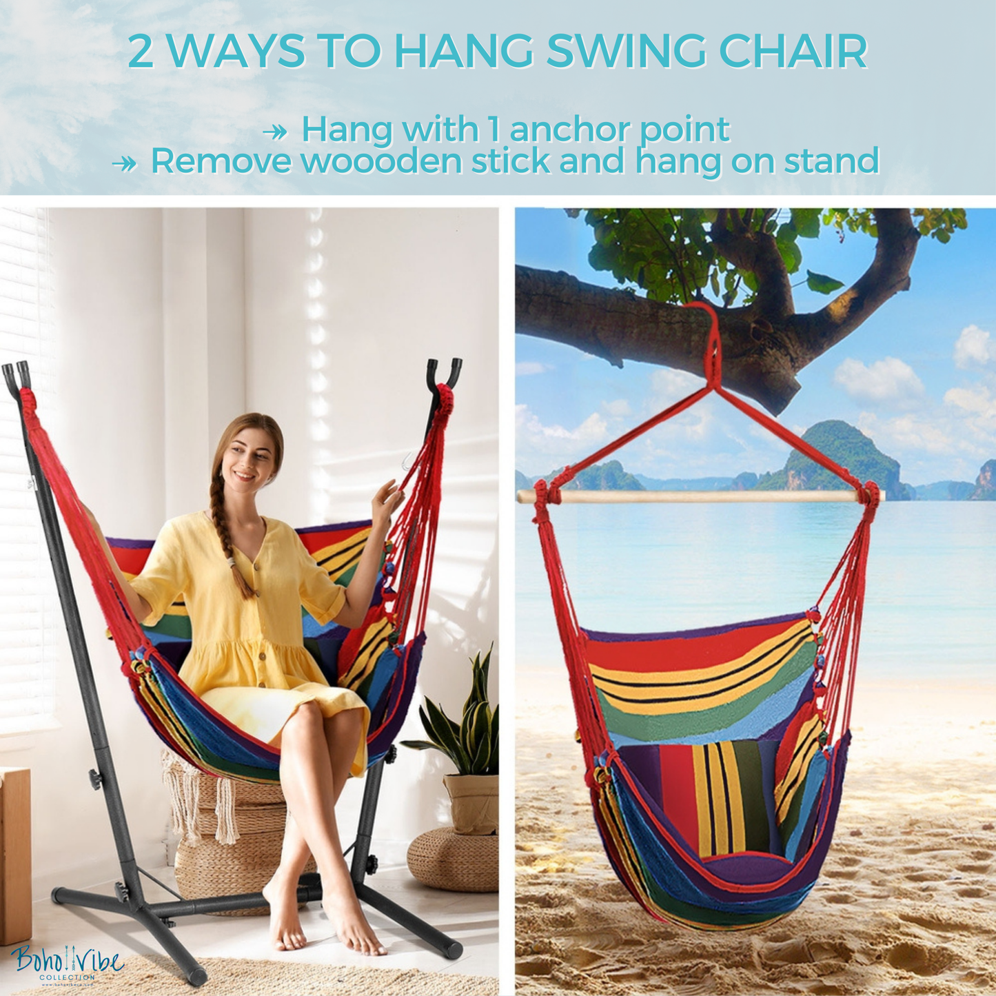 Boho ↡↟ Vibe Collection ↠ Rainbow Swing Hammock Chair with Padded Seat and Stand ↡