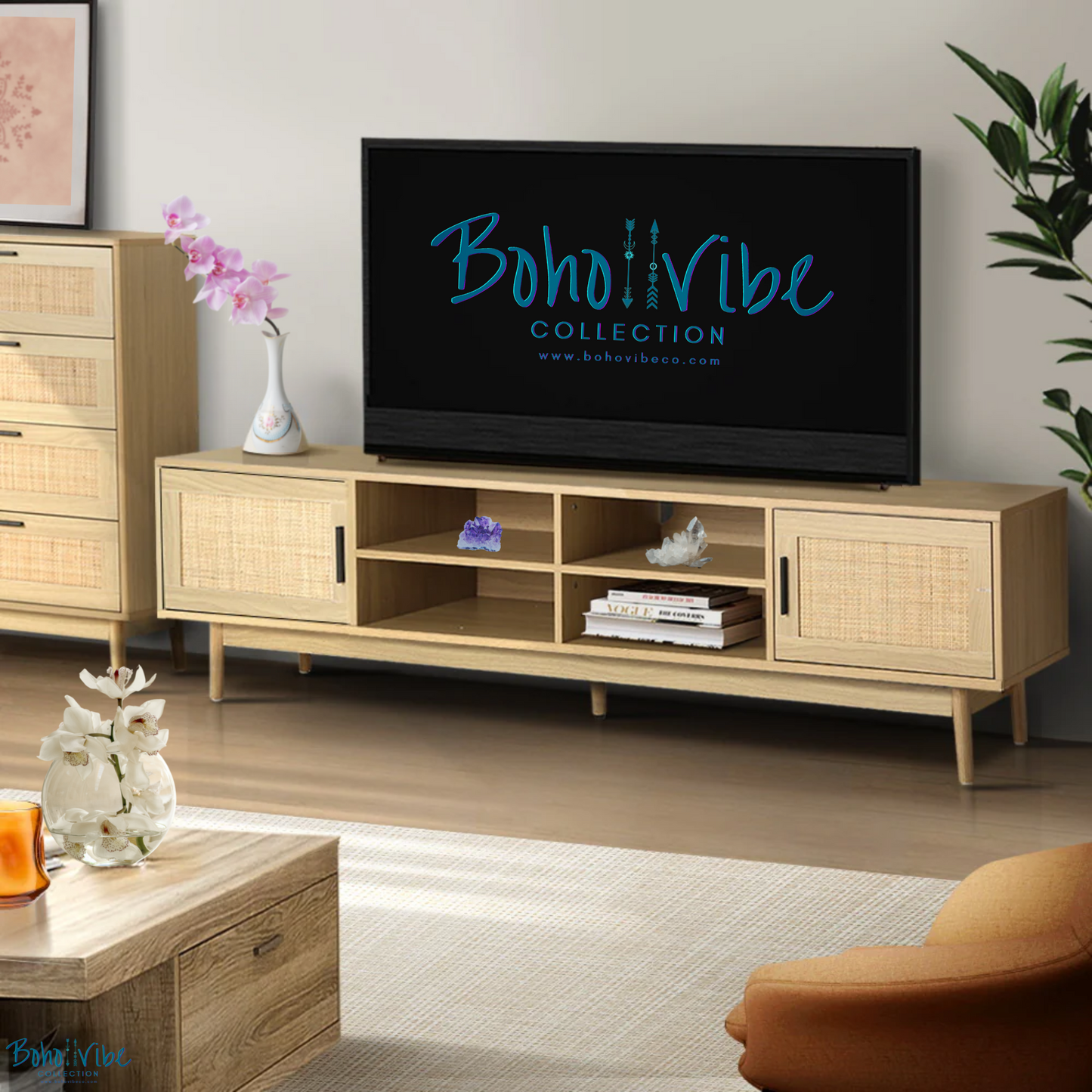 Boho ↡↟ Vibe Collection ↠ Rattan Entertainment Cabinet Bohemian Coastal TV Unit ↡