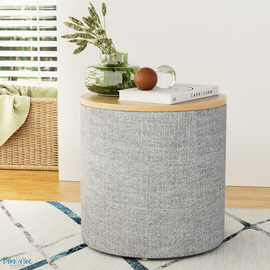 Boho ↡↟ Vibe Collection ↠ Side Table Storage Ottoman Faux Grey Linen Wooden Lid ↡
