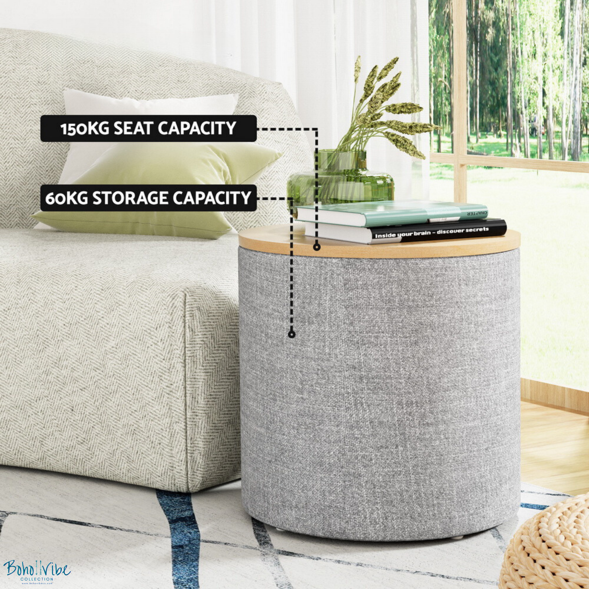 Boho ↡↟ Vibe Collection ↠ Side Table Storage Ottoman Faux Grey Linen Wooden Lid ↡