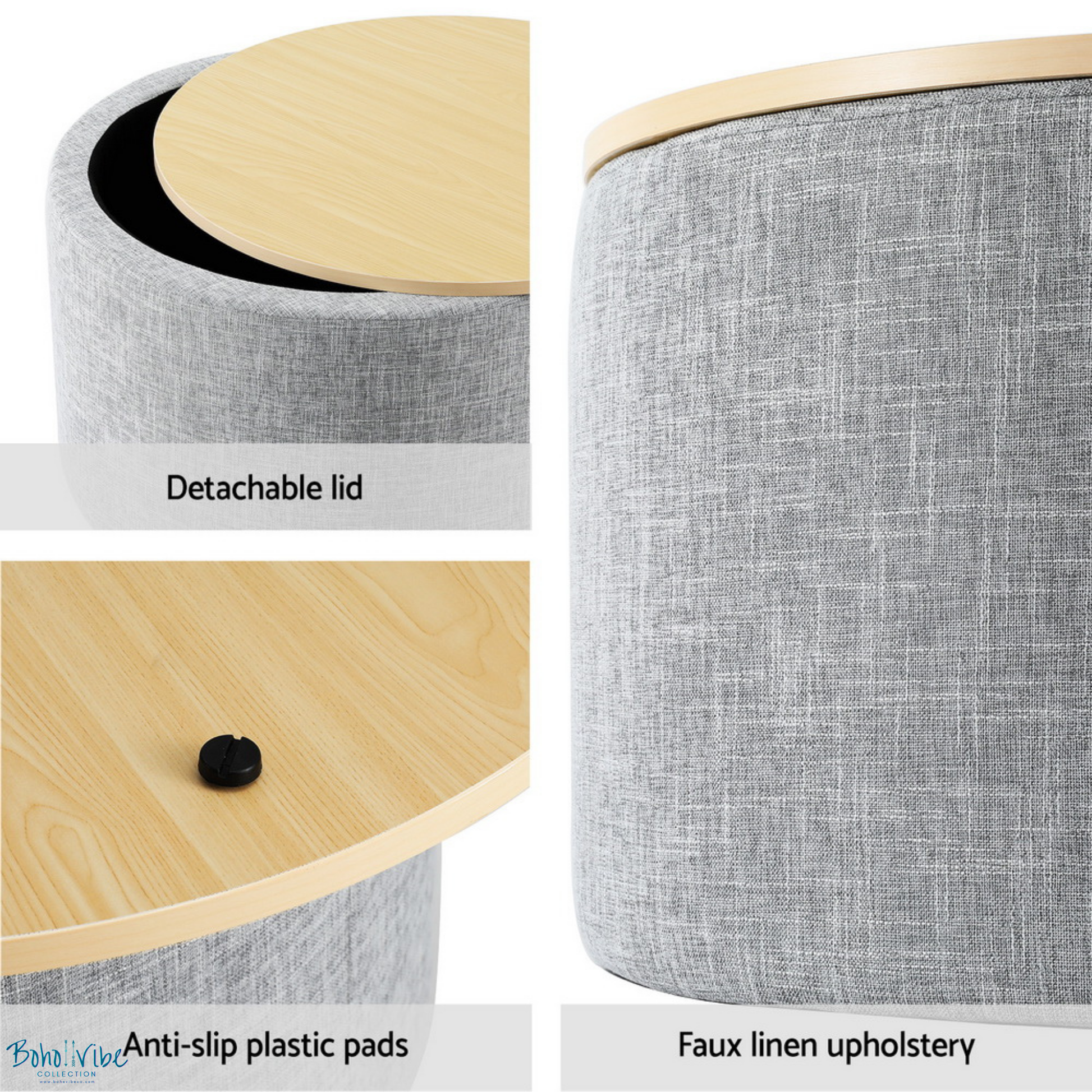 Boho ↡↟ Vibe Collection ↠ Side Table Storage Ottoman Faux Grey Linen Wooden Lid ↡