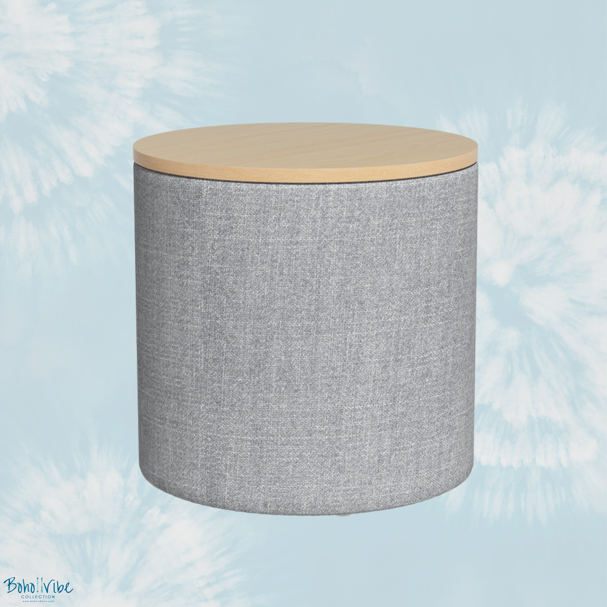 Boho ↡↟ Vibe Collection ↠ Side Table Storage Ottoman Faux Grey Linen Wooden Lid ↡