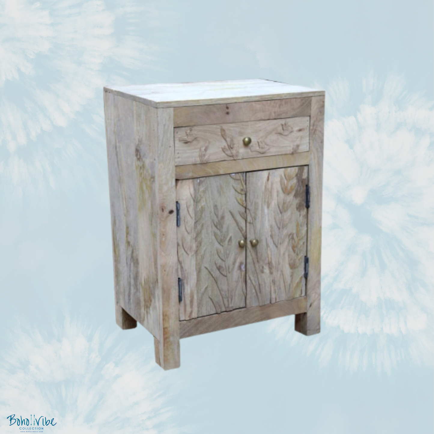 Boho ↡↟ Vibe Collection ↠ Balinese Style Bedside Table Sandblasted Hand Carved Bird Design Solid Wood 2 Drawer Cabinet