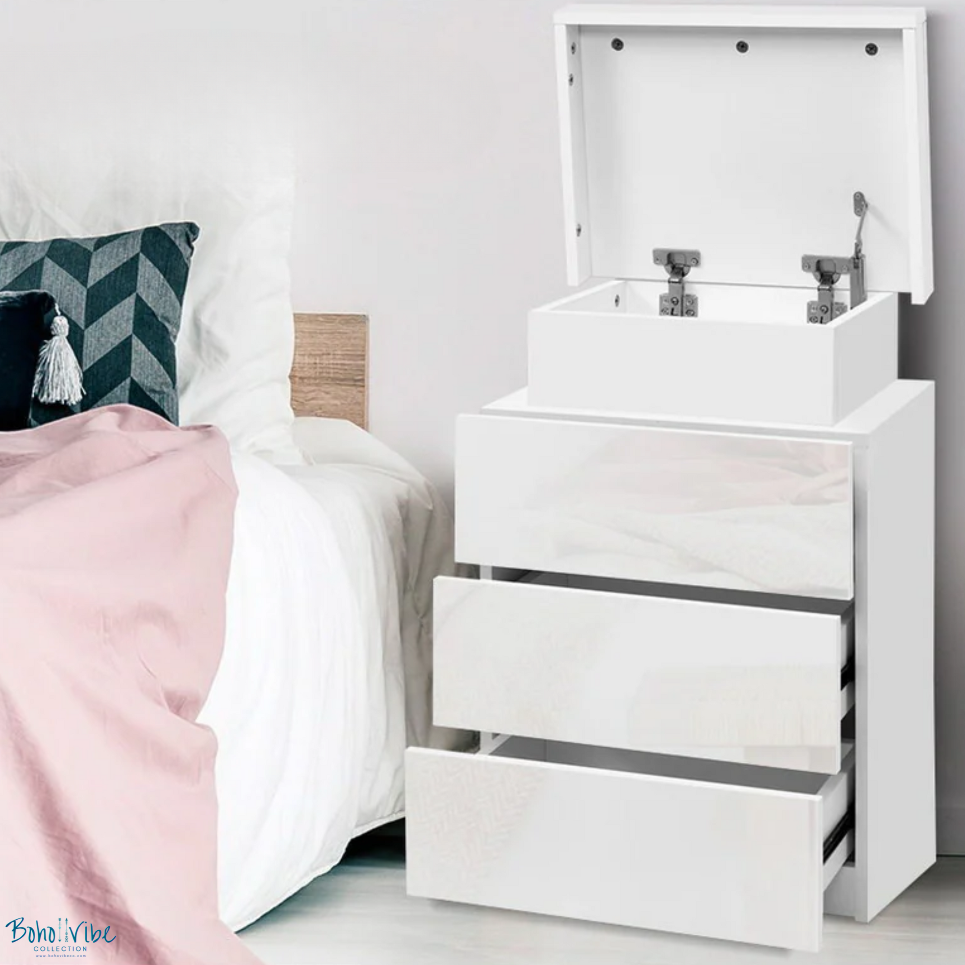 Boho ↡↟ Vibe Collection ↠ White Bedside Table 3 Drawers with Built in LED Lighting ↡