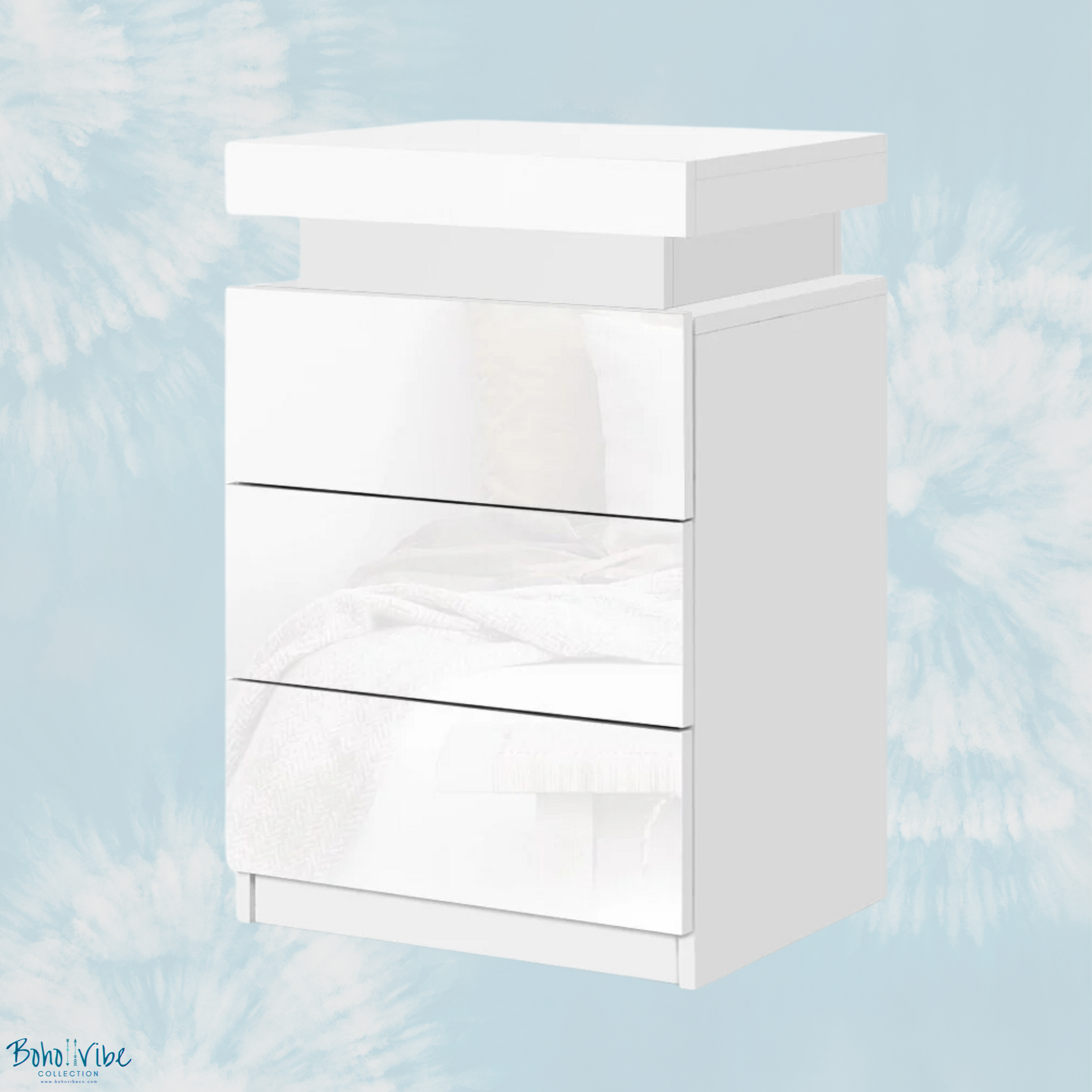 Boho ↡↟ Vibe Collection ↠ White Bedside Table 3 Drawers with Built in LED Lighting ↡