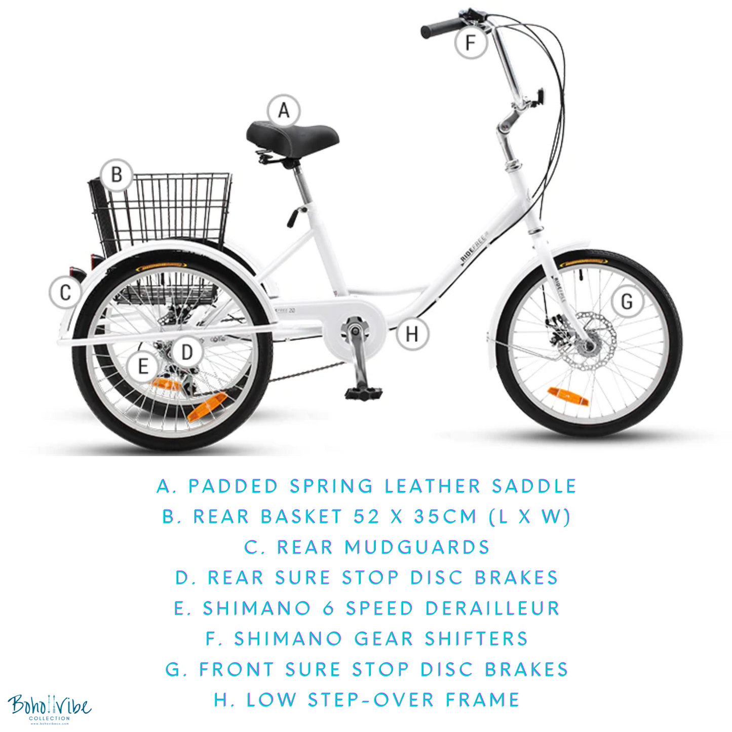 Boho ↡↟ Vibe Collection ↠ Retro Trike Progear RideFree Coastal Ladies Kids White Tricycle