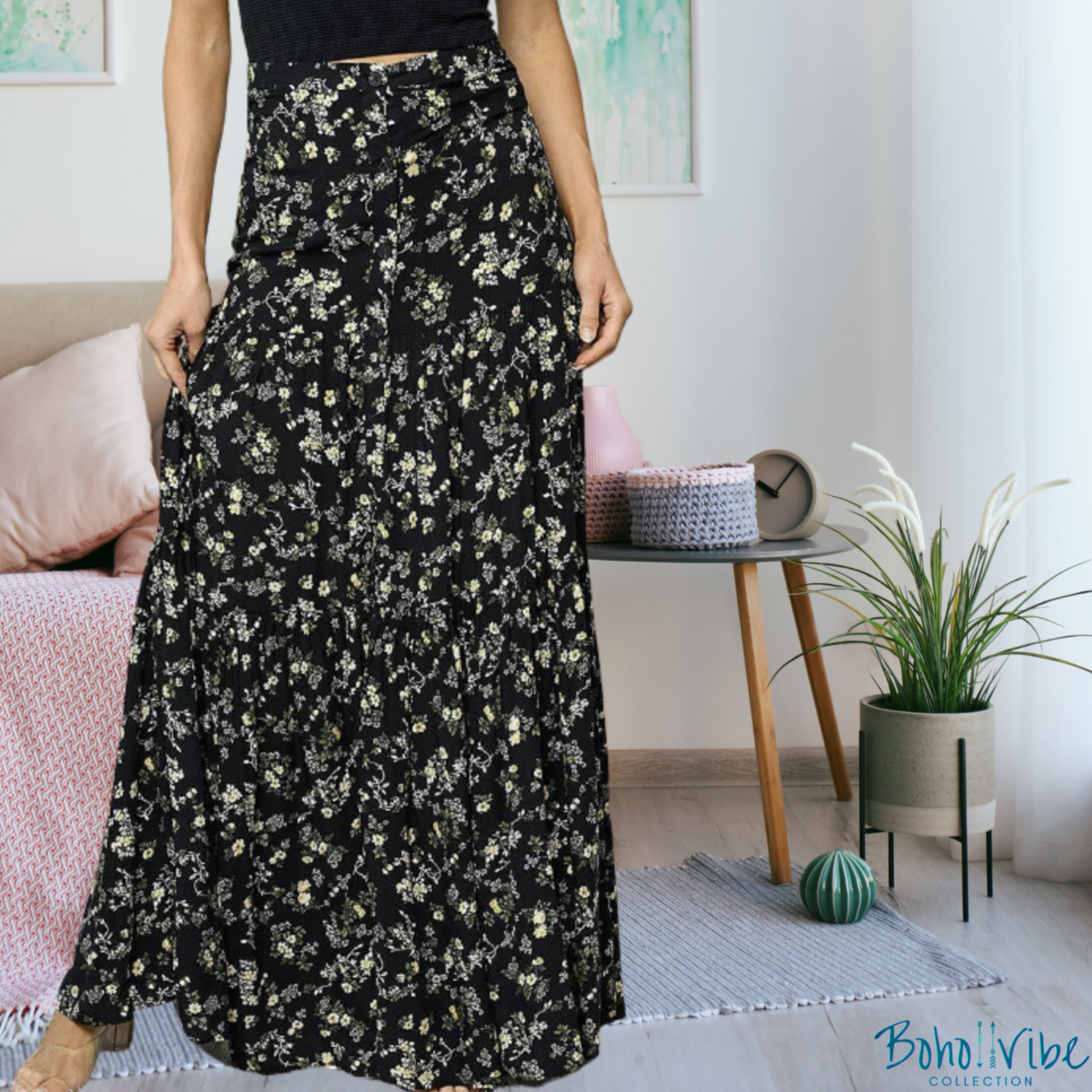 Boho ↡↟ Vibe Collection ↠ Bohemian Floral Black Tiered Maxi Skirt ↡